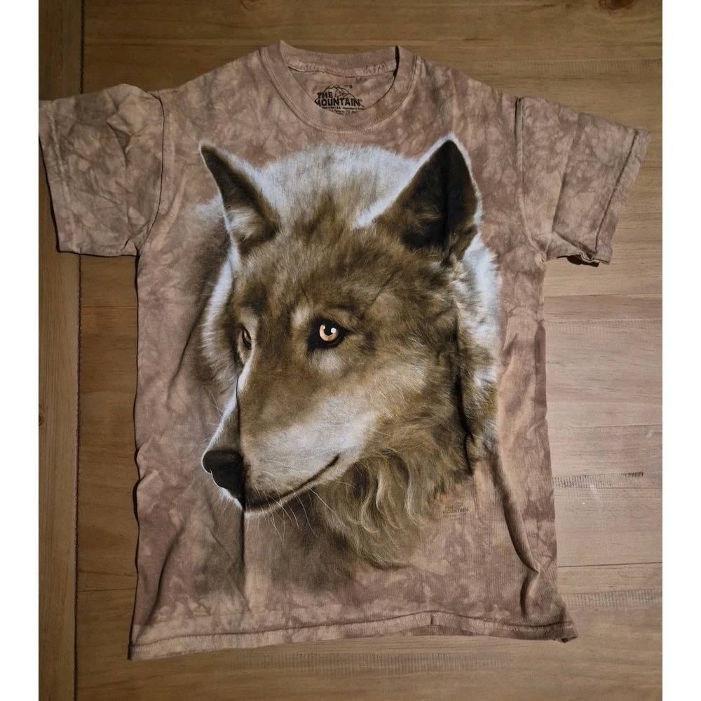VTG The Mountain Shirt Small Wolf Graphic Tie Dye Brown 90s Animal Tee Cotton
